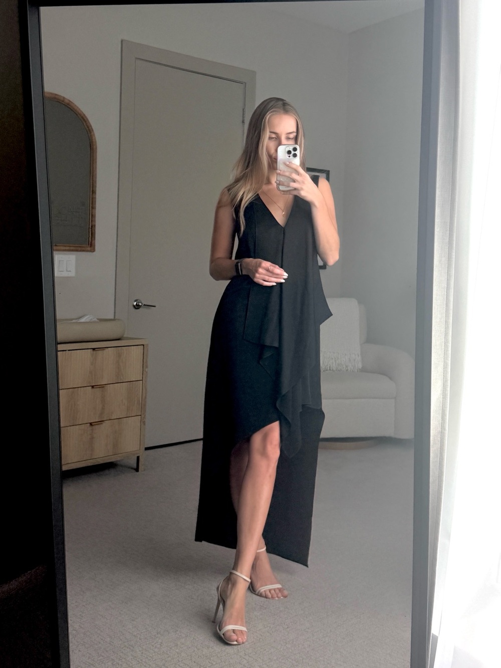 BCBGMaxAzria Black Asymmetrical Drape V-Neck Dress